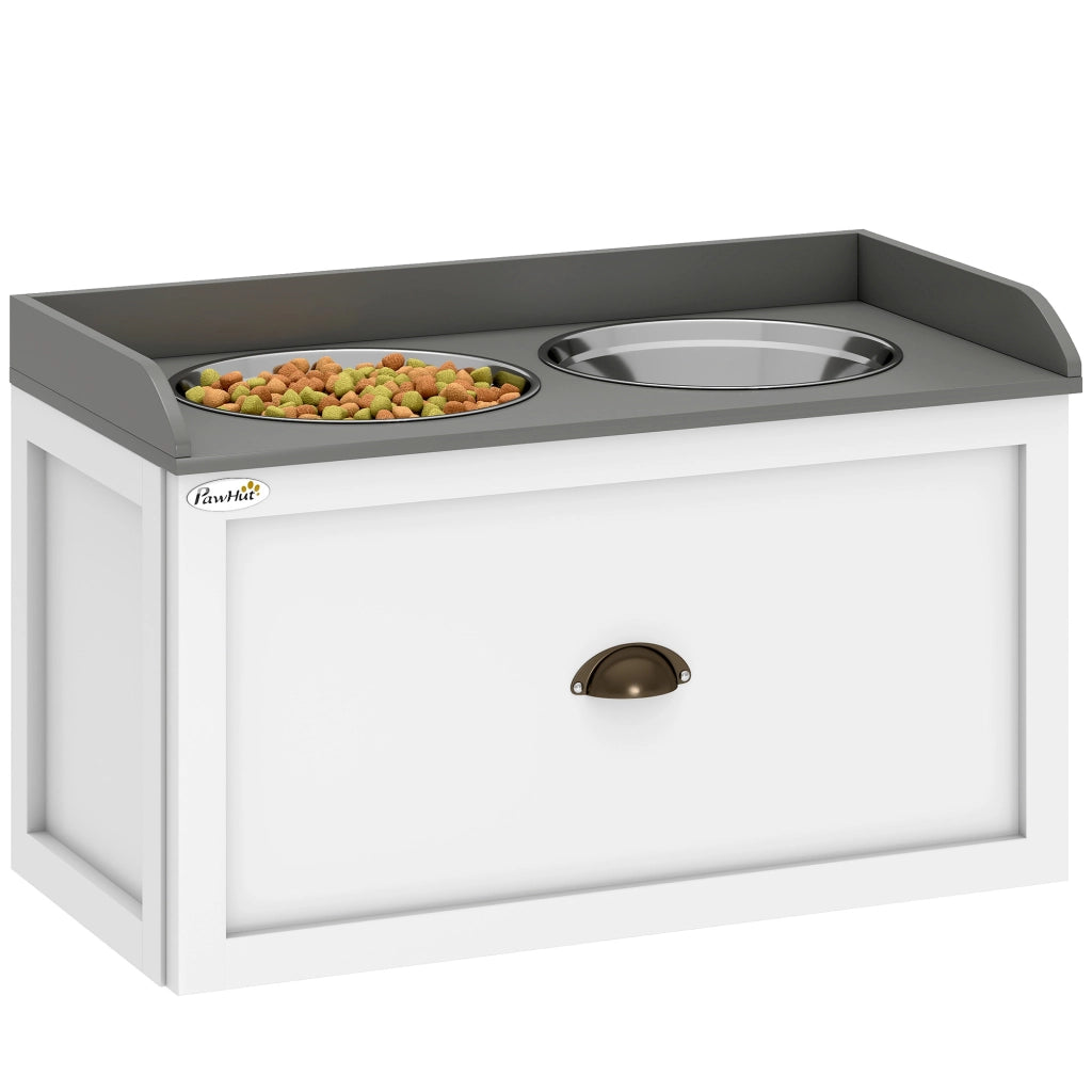 Casetta per Cani con 2 Ciotole e Cassetto ¨C Minimal ¨C Bianco e Grigio, Acciaio Inox, 60x30x36 cm