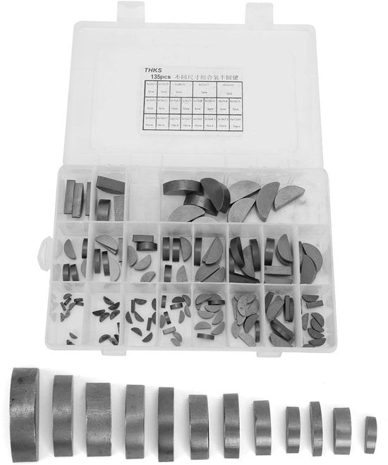 Set di chiavi Woodruff 135 pezzi - 21 misure - Acciaio inossidabile - Cassetto di conservazione - Chiavi a mezzaluna - Set di attrezzi - Diverse dimensioni
