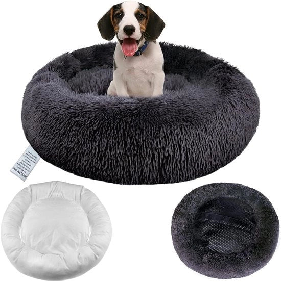 Letto per cani rilassante con copertura rimovibile e donut lavabile - Anti ansia, letto morbido per gatti con piumino soffice - Letto confortevole caldo per cuccioli piccoli e medi 60 cm - Grigio scuro con chiusura a zip