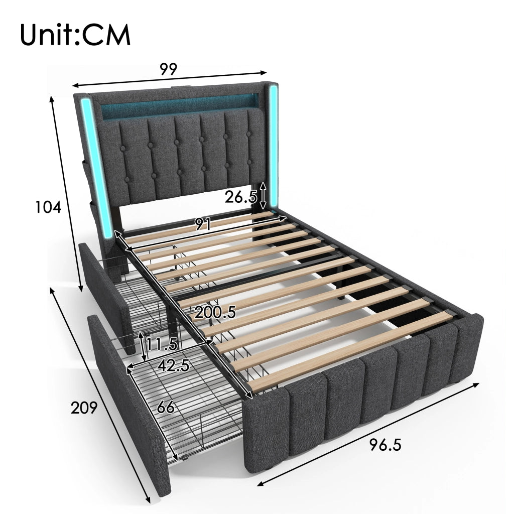 Letto singolo – 90x200 cm – USBC LED 2 cassetti – legno grigio