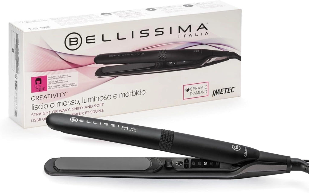 Bellissima 11874 Imetec Piastra Creativity per Capelli Lisci o Mossi con Rivestimento in Ceramica Diamond 5 Temperature Regolabili da 150 a 230°C Piastre Flottanti Riscaldamento Rapido Cavo Girevole 1,8 m colore Nero Rosa
