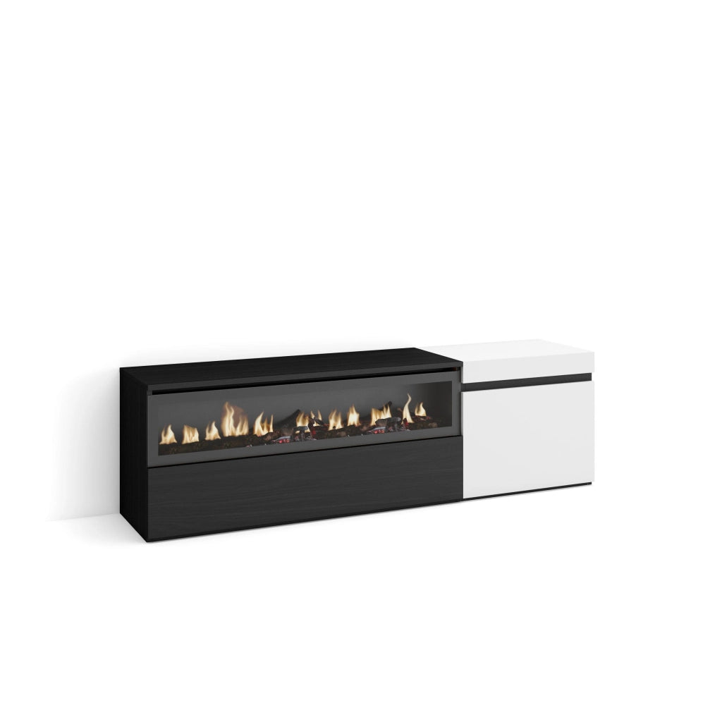 Mobile TV Soggiorno, 150x35x45cm, Per TV fino a 65", Camino elettrico, Bianco e nero RF2442