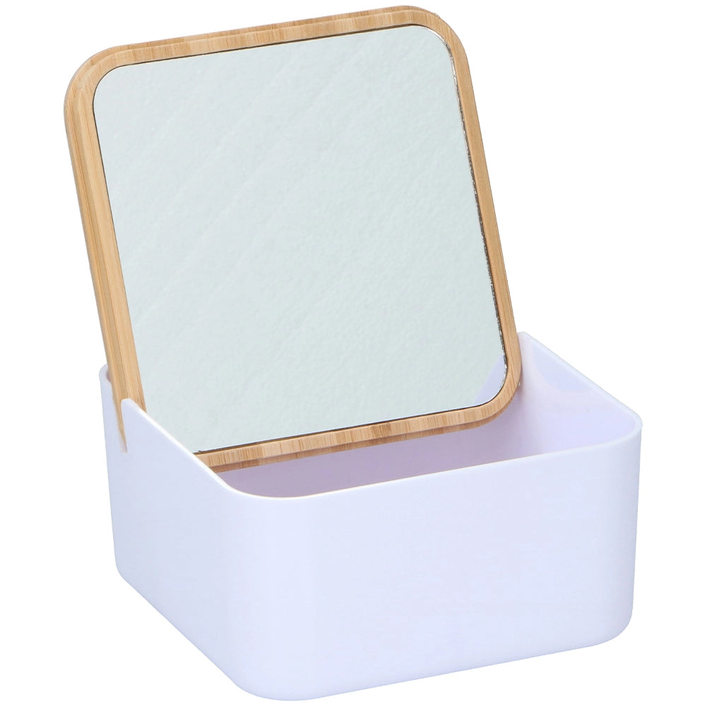 Portagioie con Specchio e Coperchio in Bambù Organizer per Trucco Bianco