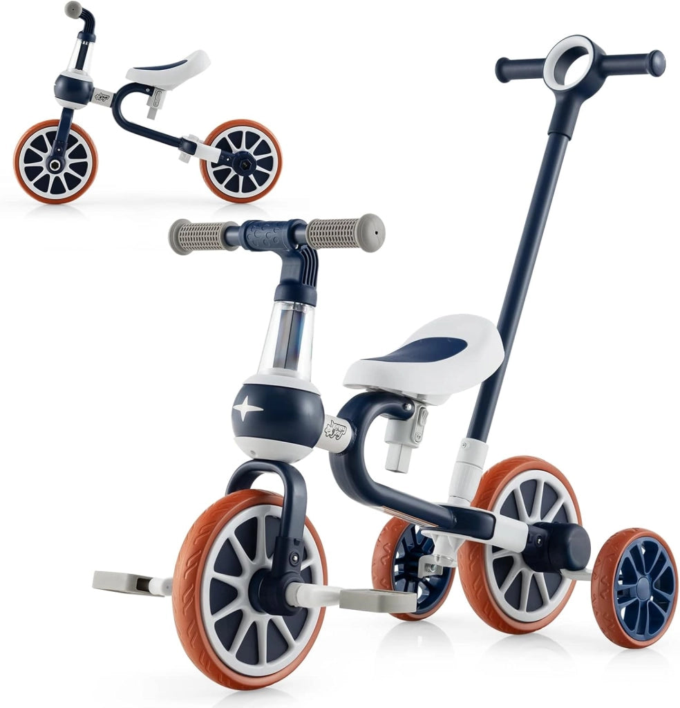 4 in 1 Triciclo per Bambini con Maniglia di Spinta, Triciclo per Bambini Bicicletta Equilibrio con Maniglia, Sedile Regolabili e Pedali Rimovibili, per 2-4 anni (Blu Navy)