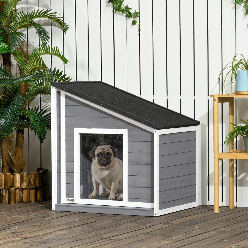 Cuccia per Cani in Legno Massello ¨C Xylo ¨C Tetto Bituminoso, Resistente alle Intemperie, 71x58x77 cm, Grigio e Bianco