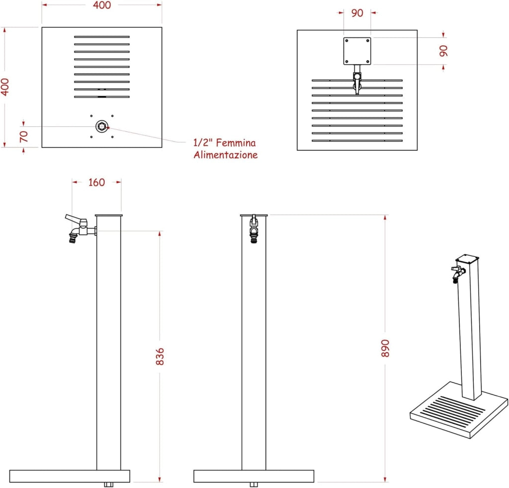 Fontana da Giardino con Rubinetto e Base in Cemento Antracite H91 Cm