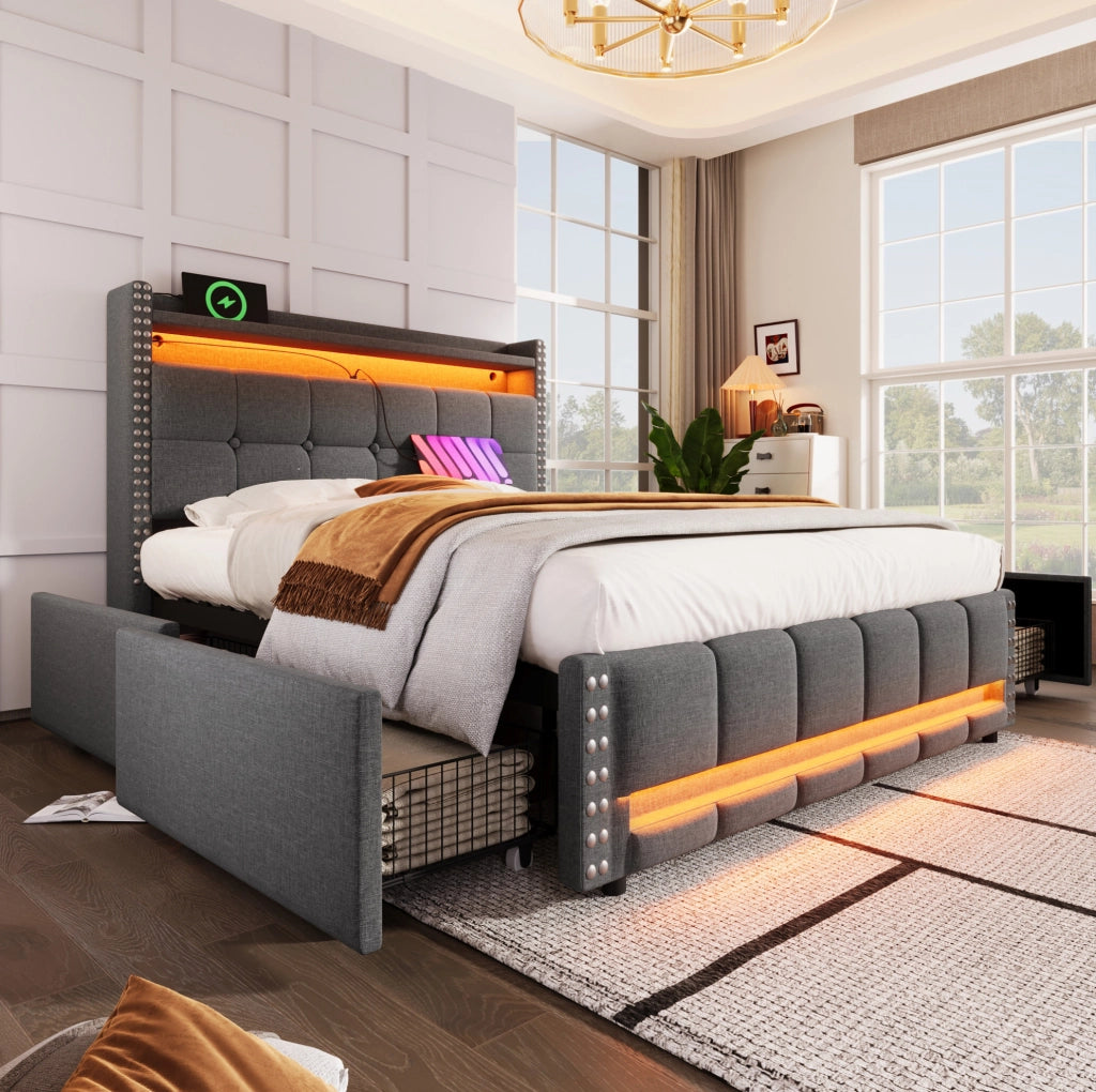 Letto imbottito 160 x 200 cm grigio con LED, USB e cassetti