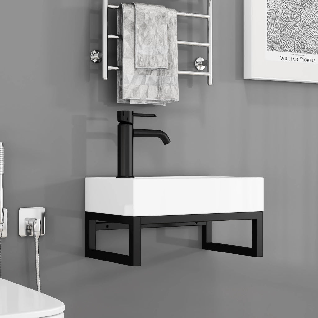 Lavabo sospeso compatto con telaio in metallo e troppo pieno premontato per bagno e WC ospiti 40 × 21 × 25 cm