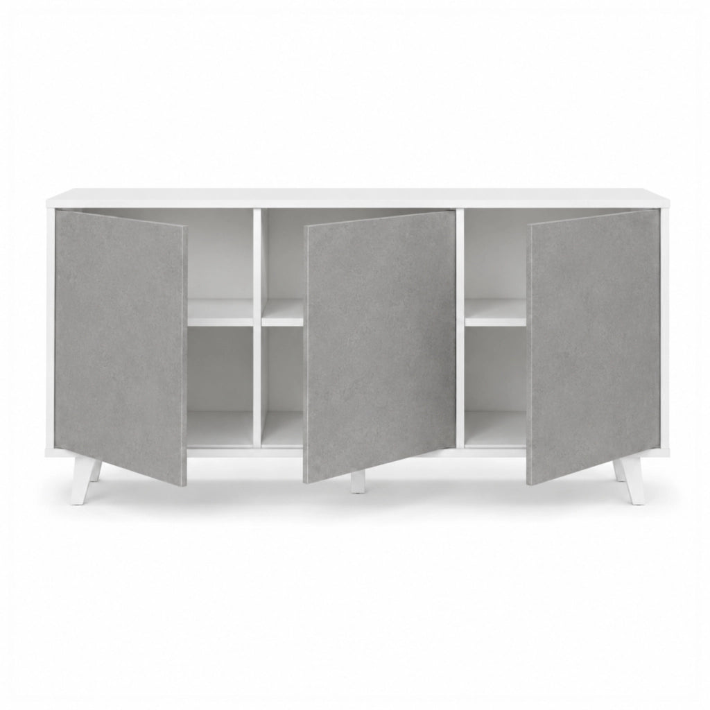 Credenza Moderna Con 3 Ante Battenti Senza Maniglie Mobile Contenitore In Melaminico Per Ingresso Soggiorno E Salotto 154 X 41 X 75 Cm Bianco E Grigio Cemento