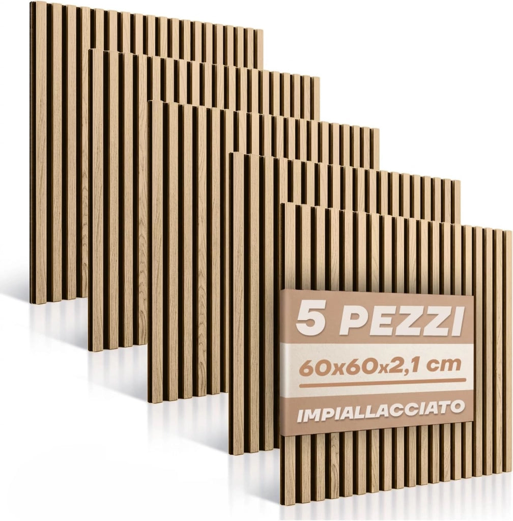 RMF PRO  Set 5 Pannelli Decorativi Per Parete in Legno Naturale 60x60, Rovere Bianco - Pannelli Fonoassorbenti Decorativi con Assorbimento Acustico, Decorazioni Interni - Pannelli Legno per Pareti
