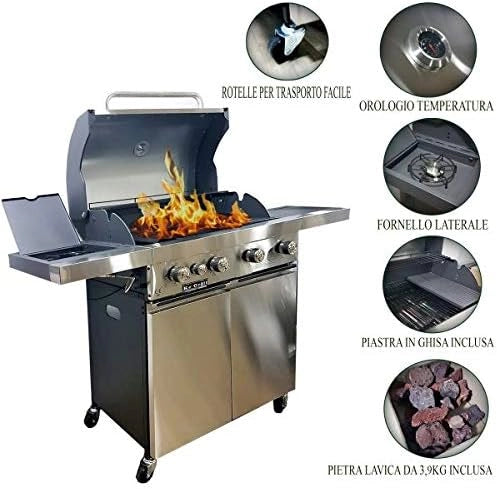 Ke Grill KE421/5 Barbecue Inox a Gas GPL e Pietra Lavica 4 Fuochi + Fornello Laterale