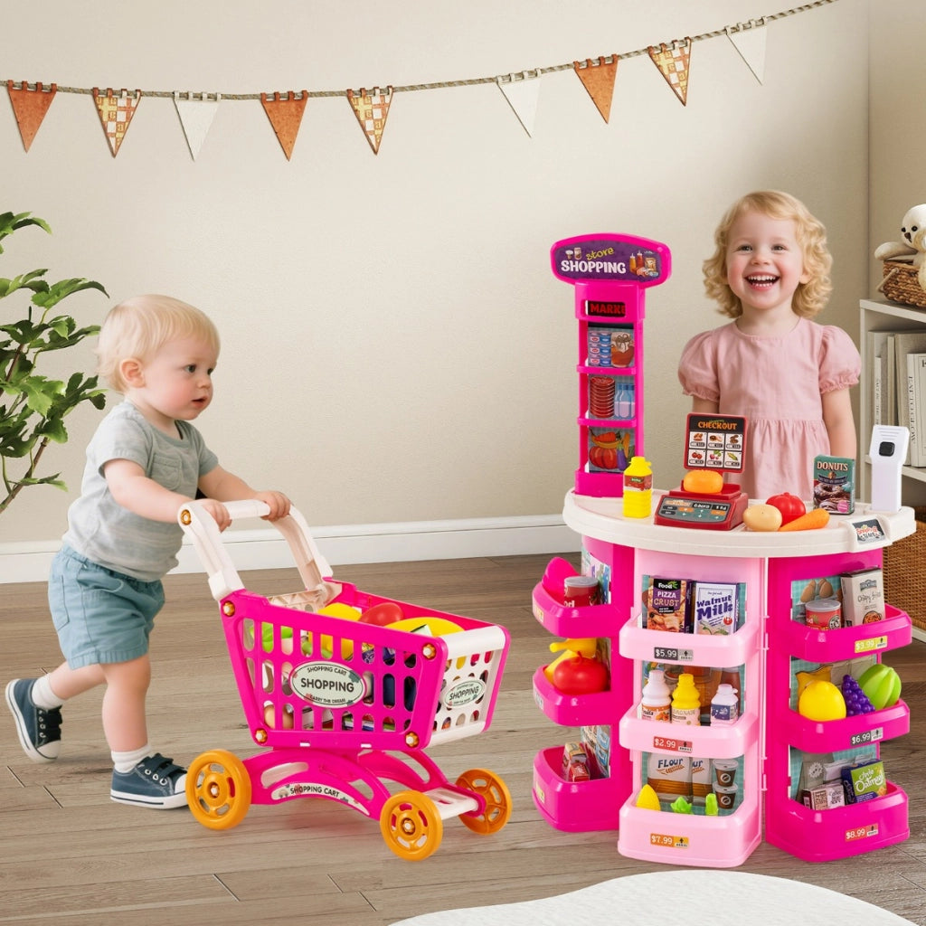 Giocattolo supermercato finto con luci e 29 pezzi accessori, Set di gioco supermercato per bambini dai 3 anni in su Rosa-Cucine giocattoli