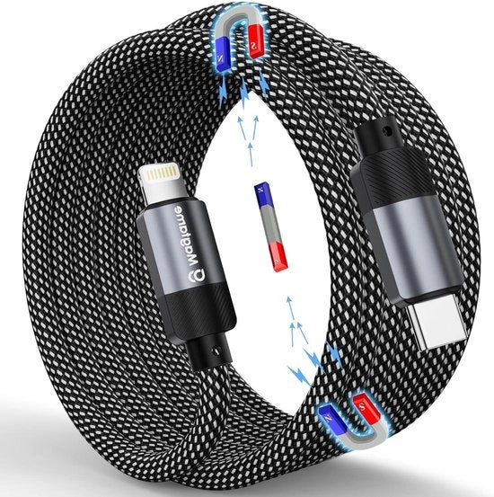 Cavo USB C Lightning magnetico - 15 m avvolto in Nylon intrecciato per iPhone - iPhone 14/13/12/Mini/Pro/11 Pro Max/XS/XS Max/XR/X/8 Plus/7