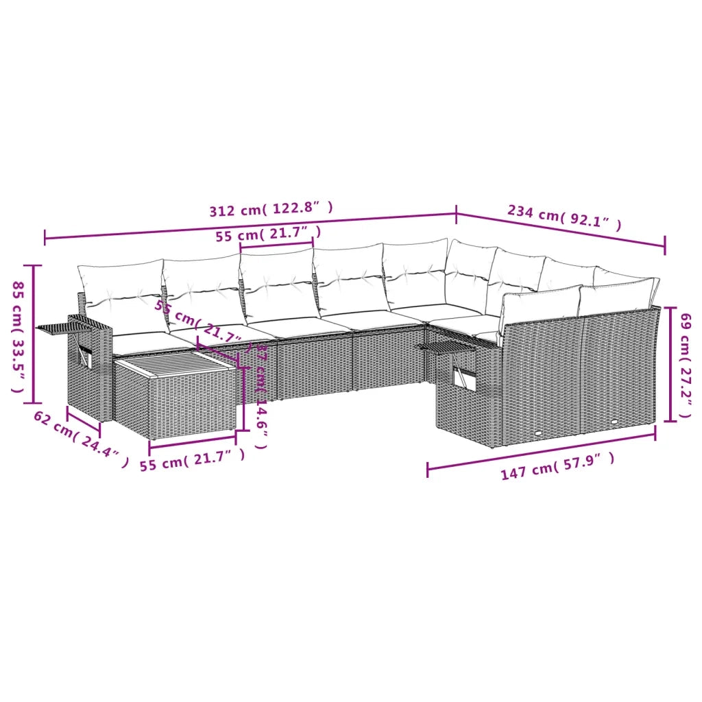 Set Divano da Giardino 10 pz con Cuscini Beige in Polyrattan 3224728