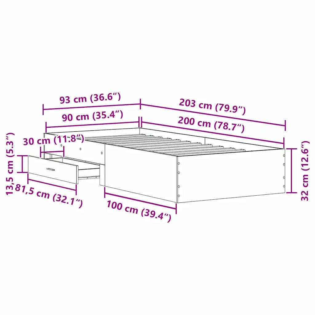 Struttura del letto con cassetto-Giroletto con contenitore-Rete del Letto Rovere artigianale 90 x 200 cm 318147