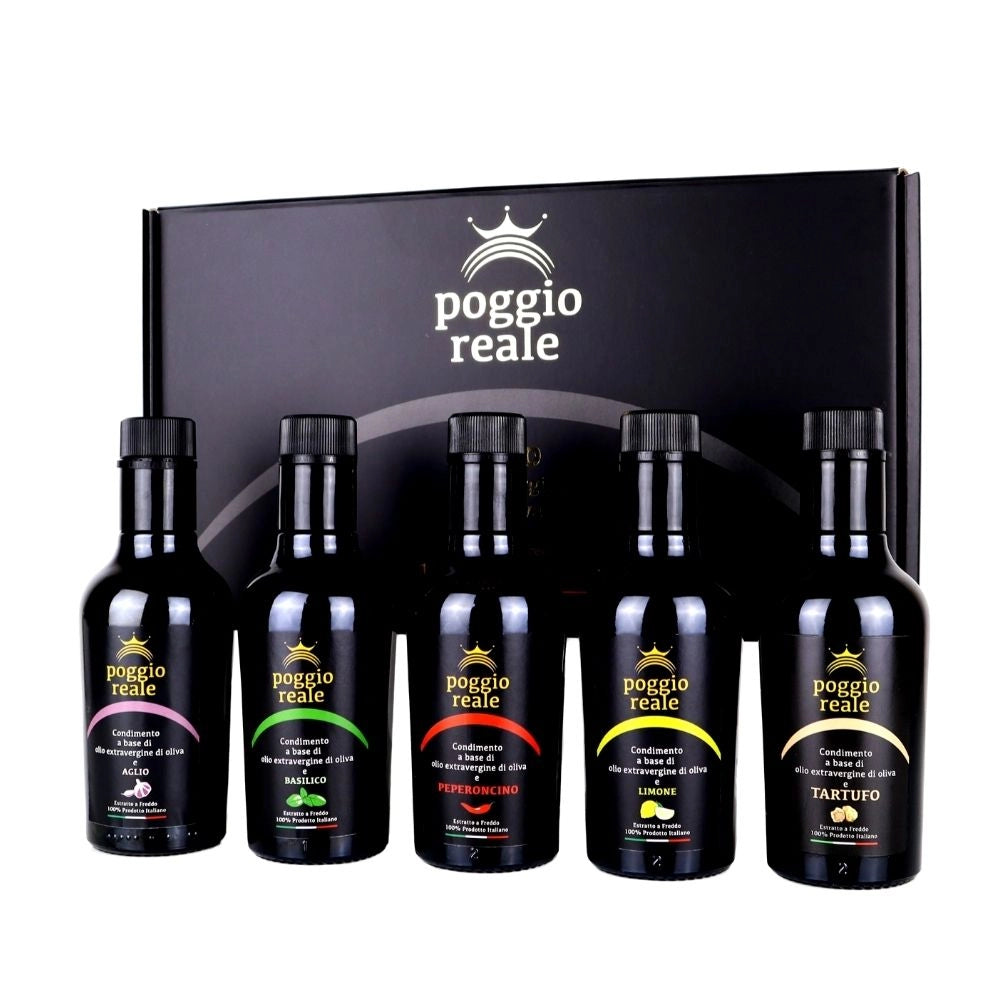 Poggio reale cofanetto olio extravergine oliva aromatizzato 5 bottiglie ml 0,25