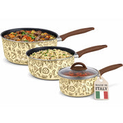 Tris di Casseruole con 1 Coperchio Vetro e Manico Soft Touch Pentole 16-18-20cm