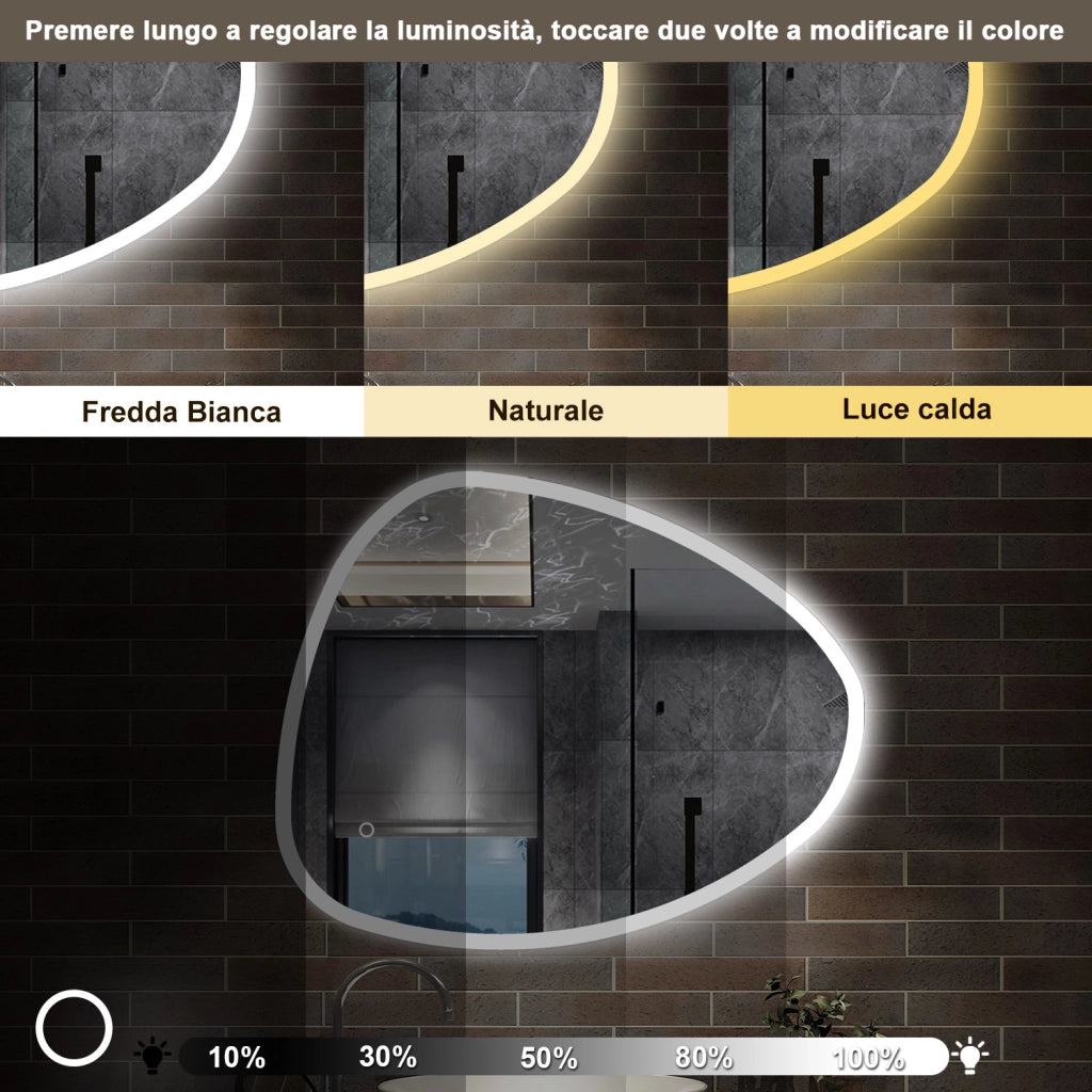 specchio forma irregolare 100x80 cm retroilluminato con luce a 3 colori, touch e pellicola antideflagrante