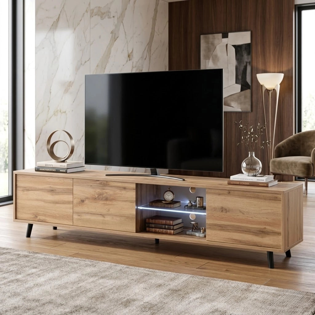 Porta Televisore Mobile TV Con 3 Ante Battenti Vano Centrale Ripiano In Vetro E LED In Melaminico Piedini In Metallo Per Soggiorno Salotto Zona Living 175 x 40 x 31.5 cm Rovere