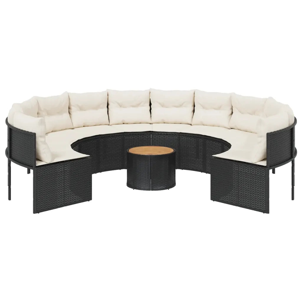 Divano Giardino con Tavolo e Cuscini Circolare Nero Polyrattan 3318548