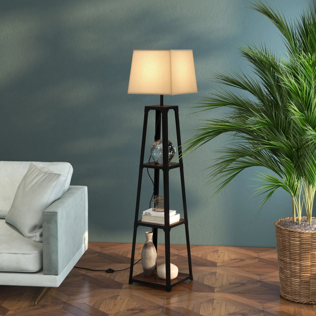 Lampada da Terra Ø42x166 cm in Metallo e MDF Nero e Beige