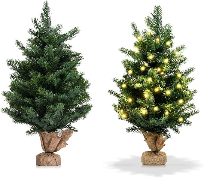 Mini Albero di Natale 60/90 cm, Albero di Natale Piccolo con 35/50 Luci LED di Bianco Caldo, 234/363 Rami e Base in Cemento, Timer per Risparmio Energetico, Verde (60 cm)