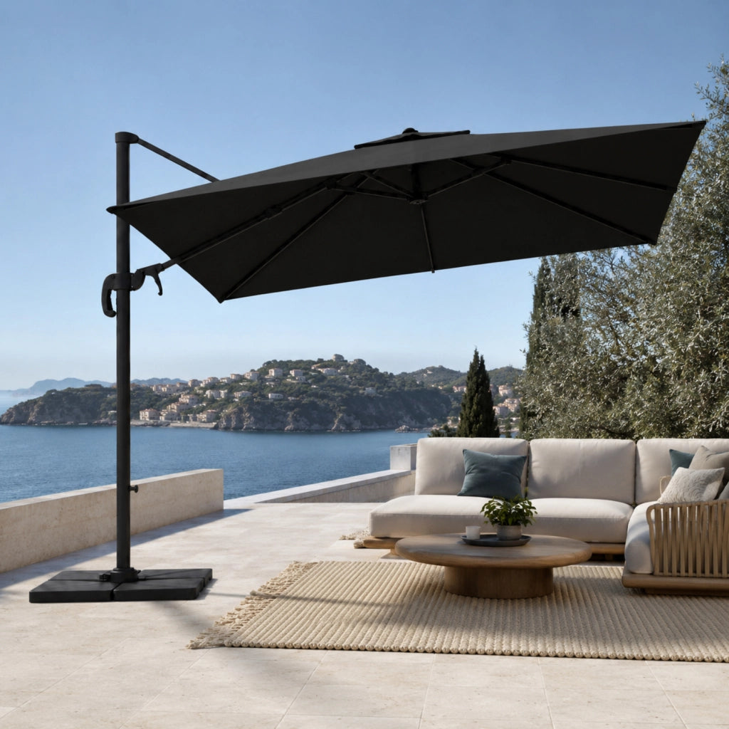 Ombrellone 3x3 M Giardino Braccio Retrattile Per Esterni Gazebo Piscina Terrazze Bar Hotel In Acciaio Inossidabile Braccio Rotabile 360° Telo 180 G/M2 Impermeabile Resistente Ai Raggi UV Nero