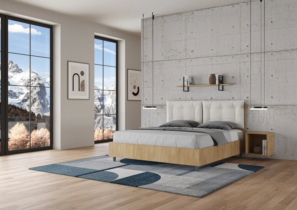 BS COM Letto matrimoniale contenitore 160x200 quercia cuscini similpelle bianco