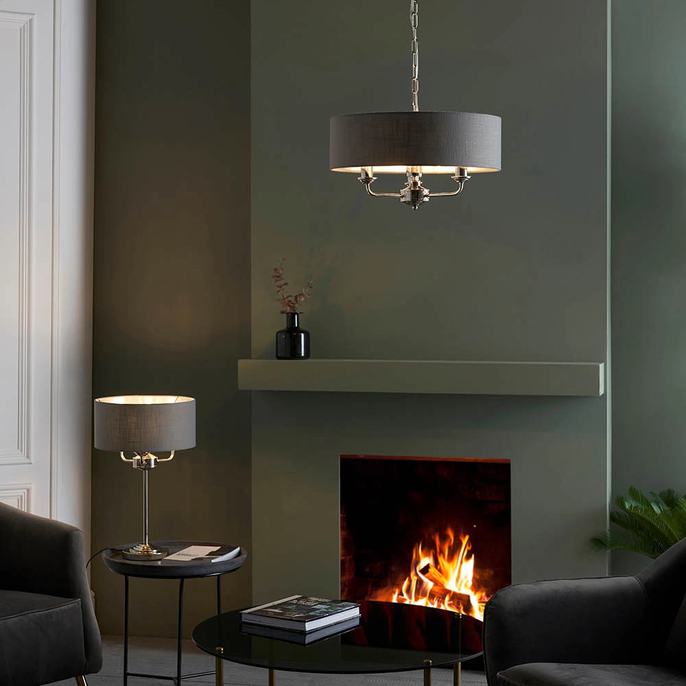 Lampada tavolo Highclere classica nichel 3xE14 grafite