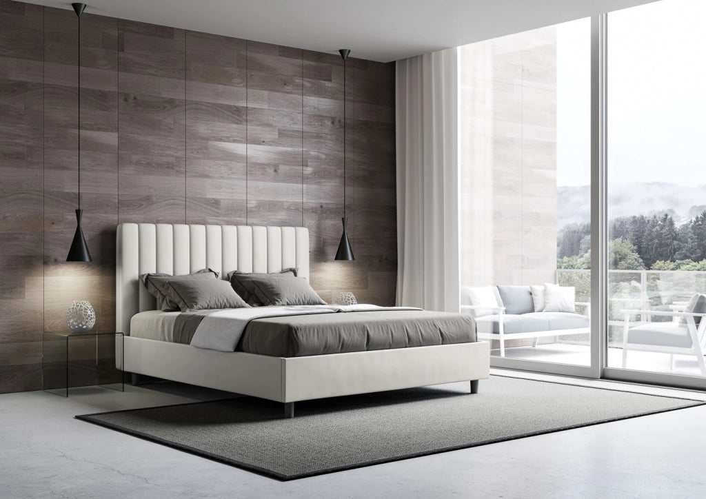 BS COM Letto matrimoniale con rete imbottito 160x210 similpelle bianco