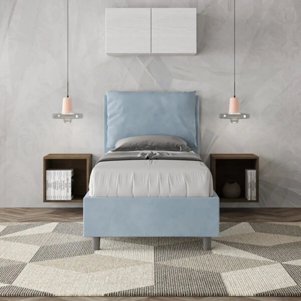 Letto singolo contenitore imbottito 80x190 microfibra azzurro Antea
