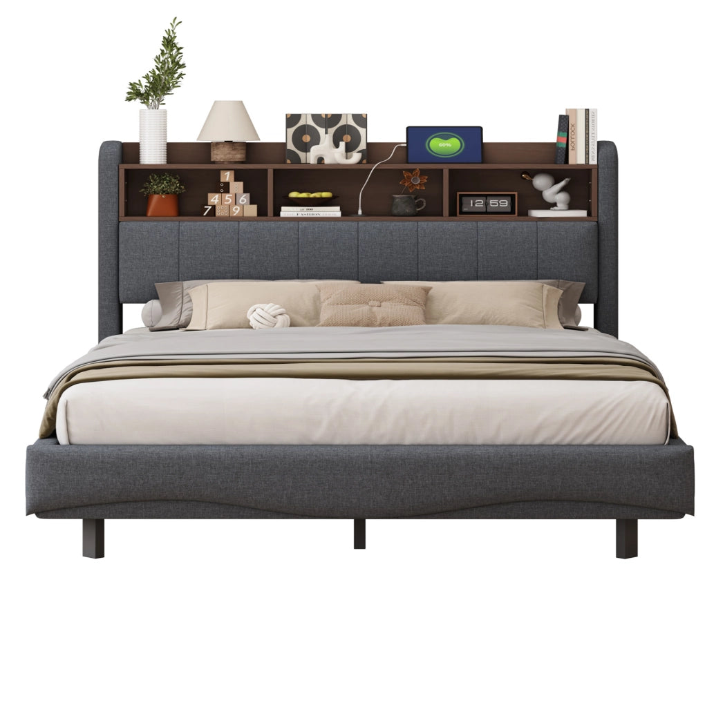 Letto imbottito sospeso 160 x 200 cm con LED, USB e Type-C grigio