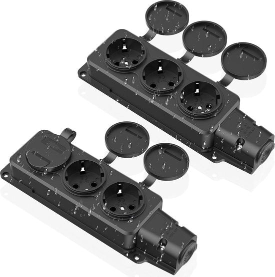 Scatola a tre prese esterna impermeabile all'acqua IP54 con chiusura a coperchio, terraata, 230V/16A, nera