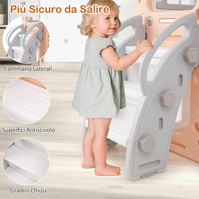 10 in 1 Parco Giochi per Bambini, Set Altalena e Scivolo con Canestro da Basket Telescopio Volante, Palestra da Gioco per Bambini 1 Anni + (Rosa)