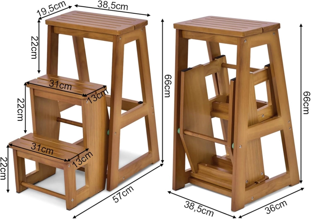 Sgabello Scaletta 3 Gradini in Legno di Pino, Sgabello Scala Pieghevole Salvaspazio, Scaletta 3 Gradini a Ribalta, Capacità Portante 150 kg, 57 x 38,5 x 66cm (Naturale)