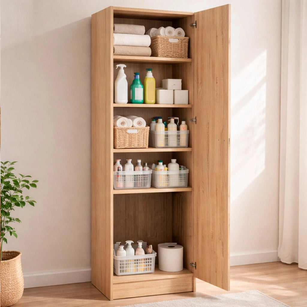 Colonna Armadio Bagno Con 1 Anta E 4 Ripiani Regolabili Mobile Salvaspazio Alto Design Moderno Semplice Per Ingresso Corridoio Ripostiglio Con Maniglia In Metallo Argentata 200 X 47.1 X 49.2 Cm Rovere