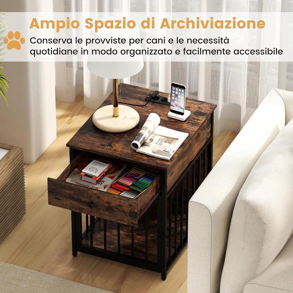 Gabbia per Cani 81 x 37 x 115 cm con 2 Prese AC, 2 Porte Usb e 1 Porta Type-C, Cuccia per Cani in Legno con Stazione di Ricarica, Cassetto e Tubi Metallici, Armadietto Multiuso