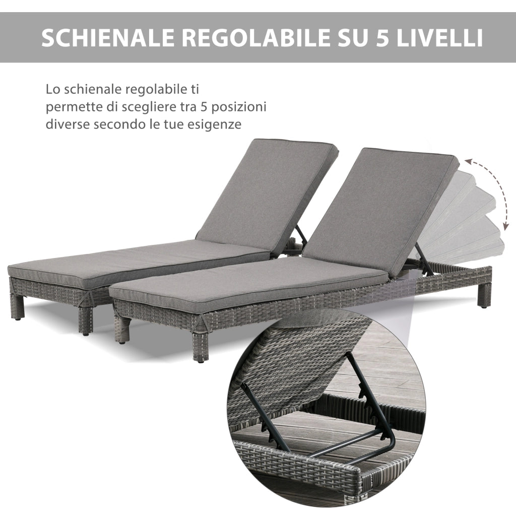 Set 2 Sdraio da Giardino ¨C Minimal ¨C Grigio con Cuscini Imbottiti