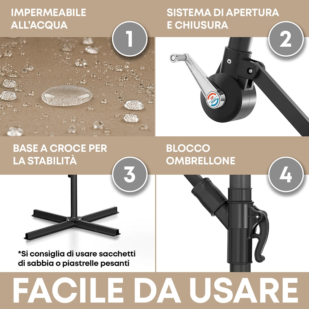Ombrellone da Giardino Decentrato 3x2 m con Braccio Laterale e Manovella, Parasole Rettangolare Impermeabile in Poliestere con Foro di Ventilazione, Struttura in Acciaio, Beige