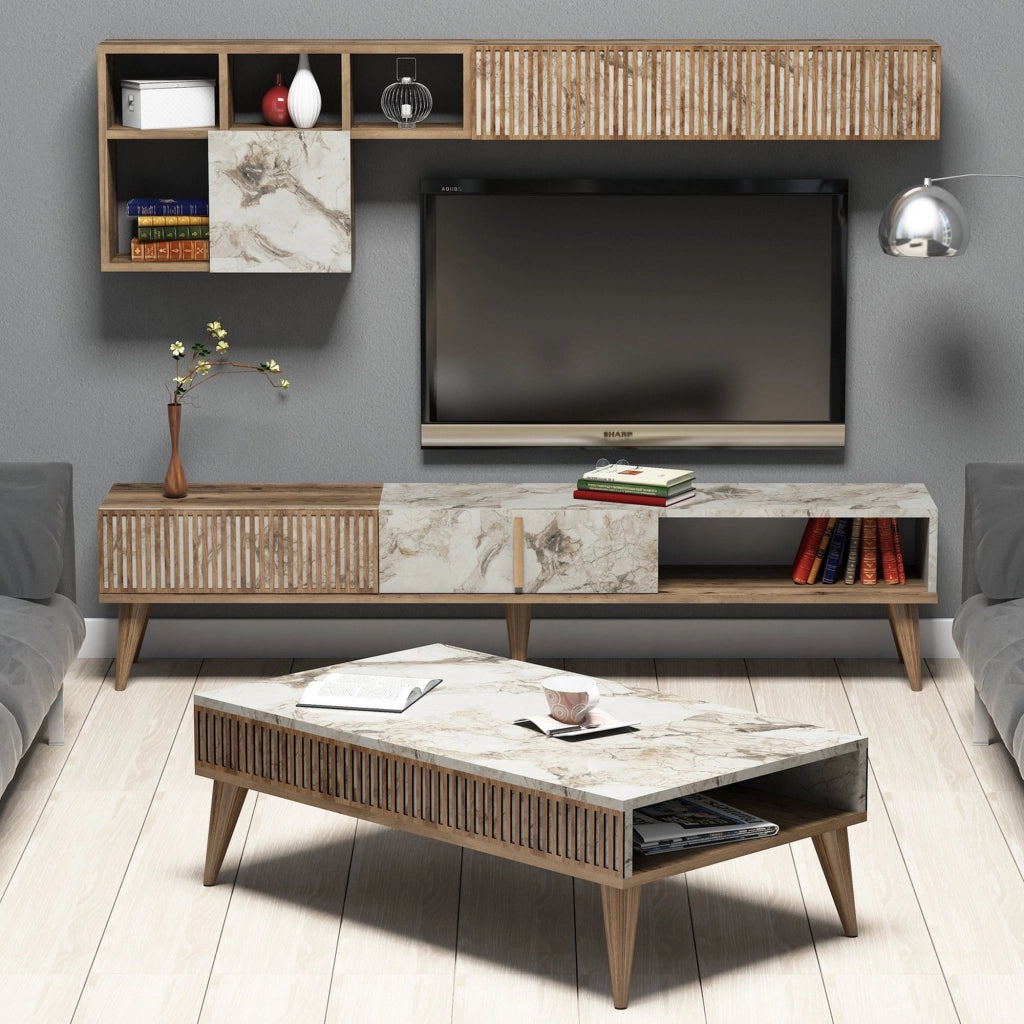 Ollomont, set Mobili da Soggiorno Modulabile, Marrone Noce
