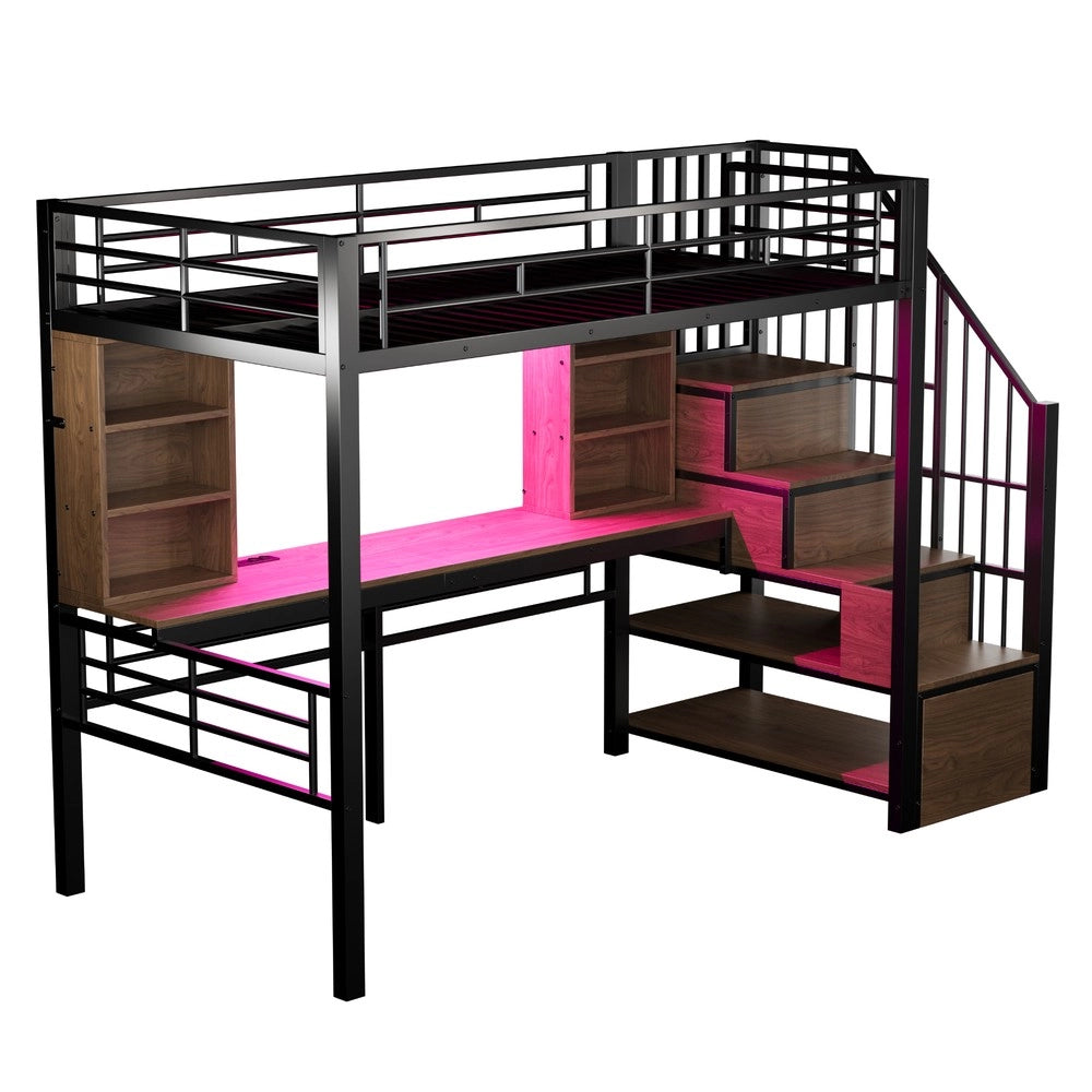 Letto a Soppalco 90x200 con Scrivania, LED e Scala Contenitore ¨C Xylo ¨C Nero, Metallo