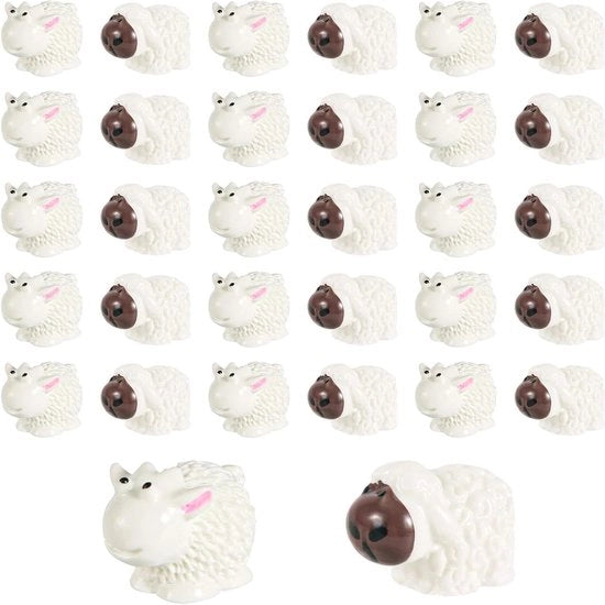 Miniature Figurine di Agnello - Set di 30 (Viso Bianco e Marrone) - Giocattoli di Resina Cari per Paesaggio, Casa di Bambola, Decorazione di Torta e Artigianato