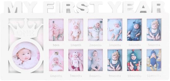 Fotolijst per il Primo Anno di Vita - 12 Mesi - Fotolijst per Neonati - Materiale Kunststof - Decorazione - Souvenir 39x18,5 cm - Fotolijst per Collage