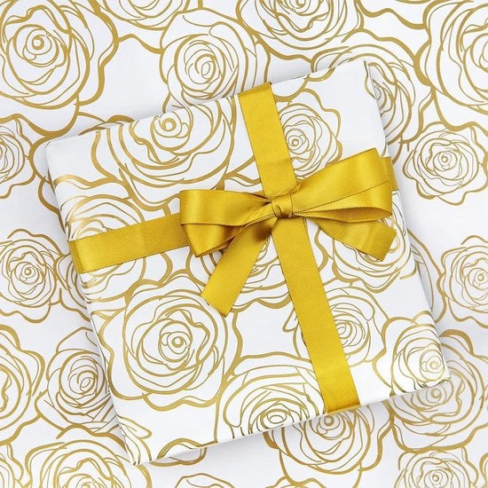 Pacco di carta da confezione a fiori d'oro - Pergamino bianco - Regalo per compleanni e battesimi - Festa di matrimonio e festività - 6 fogli - Qualità premium