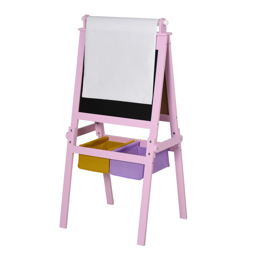 Lavagnetta per Bambini in Legno Rosa con Cavalletto 3 in 1: Lavagna Bianca, Nera e con Rullo Fogli di Carta
