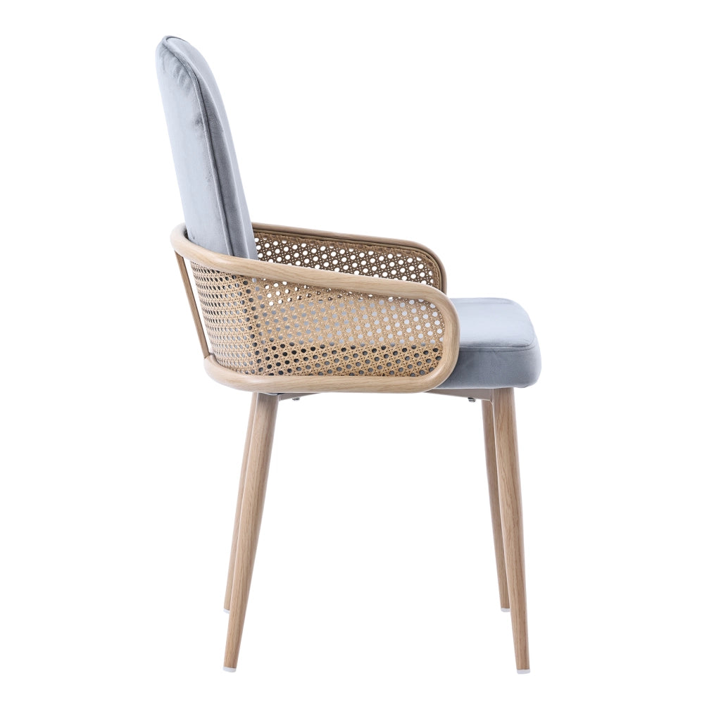 OKWISH Set di 2 Sedie da Pranzo, con Schienale Effetto Rattan e Gambe in Metallo, Stile Naturale, Velluto Grigio
