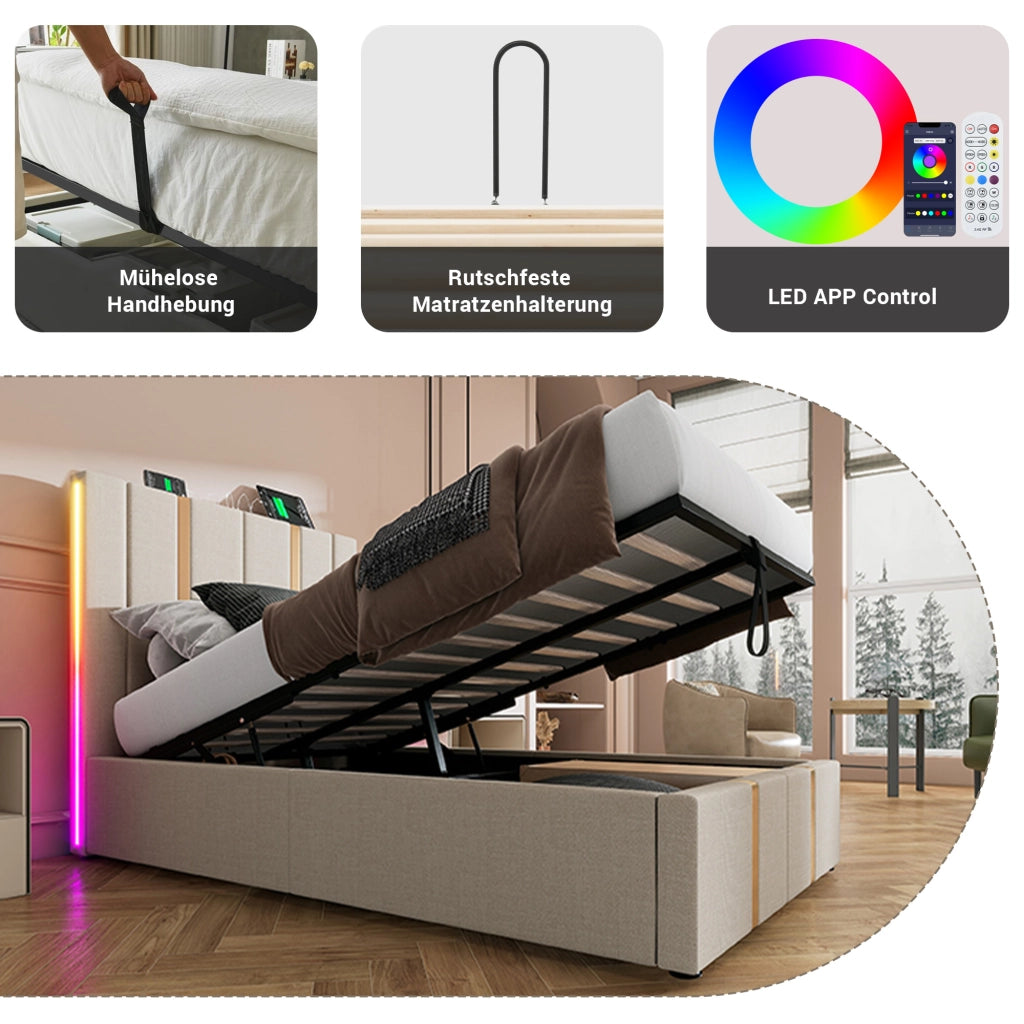 Letto singolo LED – 90x200 cm – USBC APP contenitore – lino beige