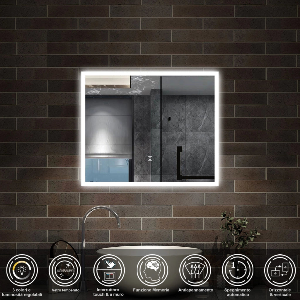 specchio rettangolare 90x70 cm con luce led, antiappannamento e touch