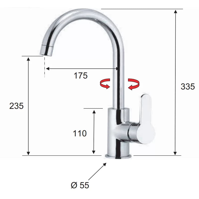 Rubinetto monocomando monoforo 90 gradi con canna alta a u - serie winner