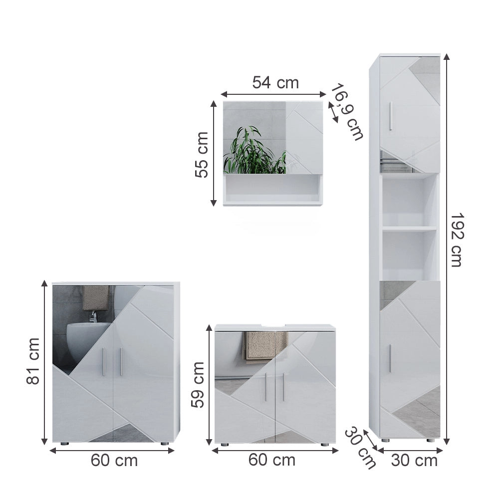 Vicco Set mobili bagno Bianco lucido con inserti 4 parti, con armadio alto e cassettiera